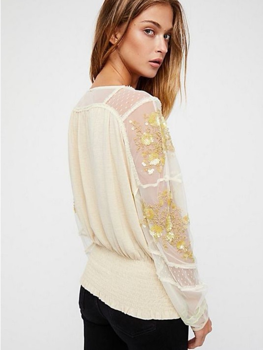 Free People Cream Sheer Embroidered Sleeve Blouse - Picture 2 of 7